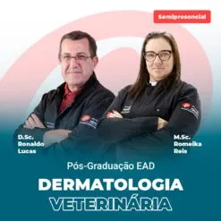 D. Sc. Ronaldo Lucas and M. Sc. Romeika Reis in lab coats, promoting semipresencial Pós-Graduação EAD em Dermatologia Veterinária