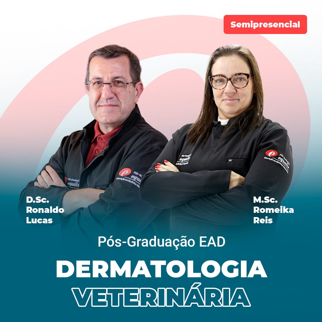 D. Sc. Ronaldo Lucas and M. Sc. Romeika Reis in lab coats, promoting semipresencial Pós-Graduação EAD em Dermatologia Veterinária