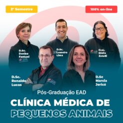 Poster promoting the 2nd semester, 100% online Pós-Graduação EAD in Clínica Médica de Pequenos Animais, featuring six instructors and bold program title.