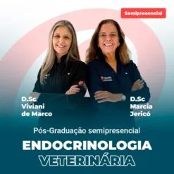 Two smiling women in dark uniforms with arms crossed; banner promotes a semipresencial Veterinary Endocrinology postgraduate program.