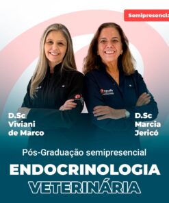 Two smiling women in dark uniforms with arms crossed; banner promotes a semipresencial Veterinary Endocrinology postgraduate program.