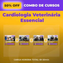 Promotional banner offering 50% off the 'Cardiologia Veterinária Essencial' course combo, with four course thumbnails and total duration 6h50m, on a purple-yellow background.