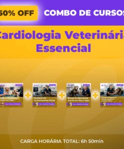 Promotional banner offering 50% off the 'Cardiologia Veterinária Essencial' course combo, with four course thumbnails and total duration 6h50m, on a purple-yellow background.