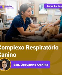 Veterinary team examining a dog on an exam table; online course banner reads 'Curso On-line' for 'Complexo Respiratório Canino' by Esp. Josyanne Oshika