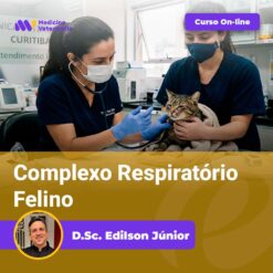 Banner promoting an online course: Complexo Respiratório Felino, by D.Sc. Edilson Júnior; two veterinarians examine a cat in a clinic.