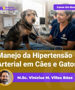 Vet examines a dog on an exam table in a clinic; banner promotes an online course on managing hypertension in dogs and cats.