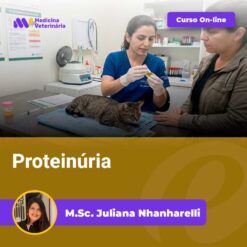 Veterinarian in blue scrubs treats a cat on an exam table; a purple 'Curso On-line' banner is visible.