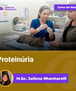 Veterinarian in blue scrubs treats a cat on an exam table; a purple 'Curso On-line' banner is visible.