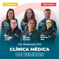 Group of seven veterinary clinicians posed in front of a teal-pink poster advertising a feline medicine post-grad program, with 'CLÍNICA MÉDICA DE FELINOS' text visible at bottom.