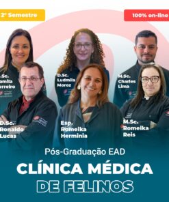 Group of seven veterinary clinicians posed in front of a teal-pink poster advertising a feline medicine post-grad program, with 'CLÍNICA MÉDICA DE FELINOS' text visible at bottom.