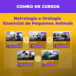 Banner promocional de cursos para pequenos animais: Nefrologia e Urologia, com cinco cartões de curso e sinais de soma.