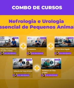 Banner promocional de cursos para pequenos animais: Nefrologia e Urologia, com cinco cartões de curso e sinais de soma.