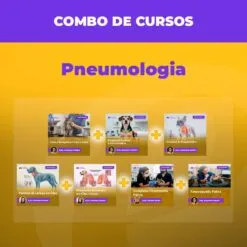 Promo banner for 'Combo de Cursos' showing six course cards with plus signs connecting them, set on a yellow gradient background with a purple header.